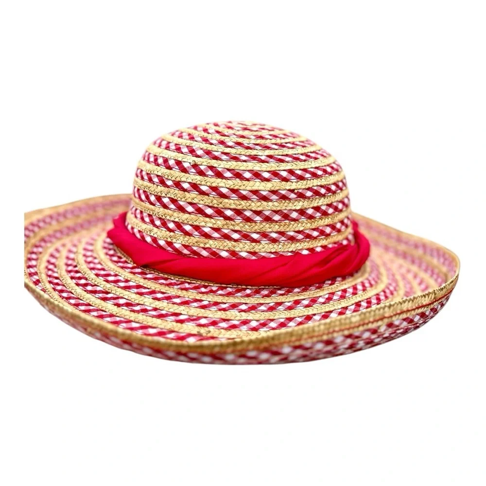 August Hats Red Gingham Trim Straw Hat - Picture 3 of 4